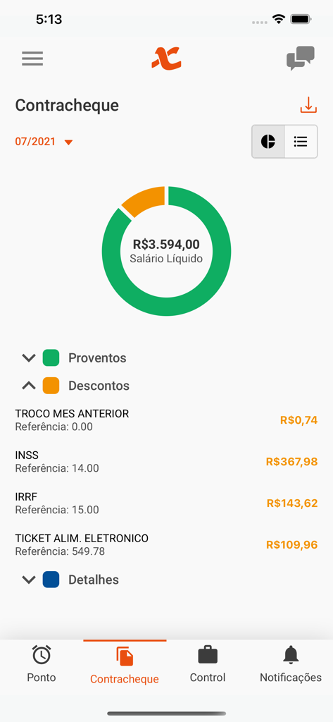 Nexti - Nexti mobile app interface showing a digital pay stub with net salary donut chart and a list of deductions