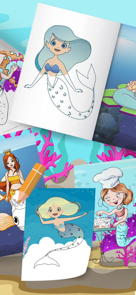 Magic Mermaid Coloring Books - Various colorful mermaid illustrations and a digital pencil from the coloring book app