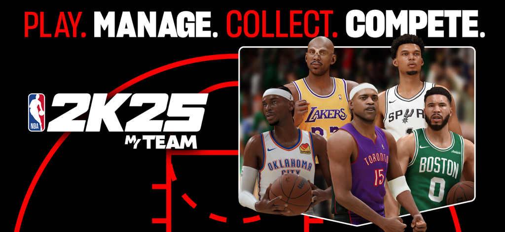NBA 2K25 MyTEAM app banner featuring iconic basketball players and the text play manage collect and compete