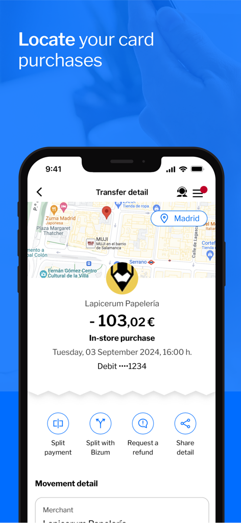 Interfaz de la app móvil de Banco Sabadell mostrando una vista detallada de compra con tarjeta y un mapa de ubicación