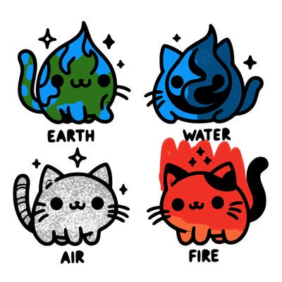 4 cats that represent the different elements, earth, water, air, and fire