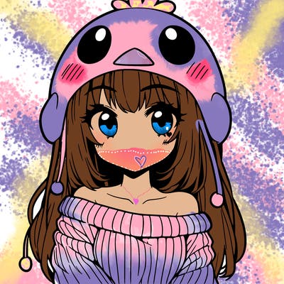 anime girl with chick shaped hat with sweater with bare shoulders with bangs covering them one eye with low tail