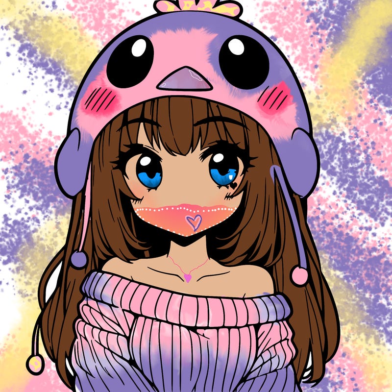 anime girl with chick shaped hat with sweater with bare shoulders with bangs covering them one eye with low tail