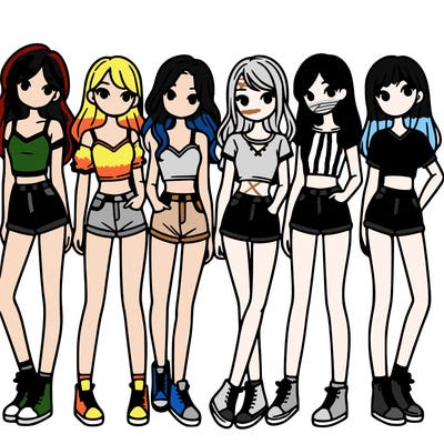 a group of girls wearing crop tops and shorts