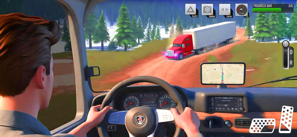 Vista em primeira pessoa de dentro da cabine de um caminhão mostrando o volante e um caminhão vermelho em uma estrada florestal.