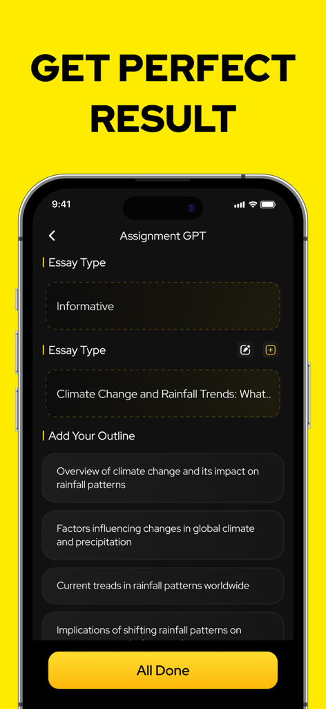 AI Math Problem Solver: MathAI - A screenshot of the Assignment GPT feature in the MathAI app showing inputs for an informative essay on climate change
