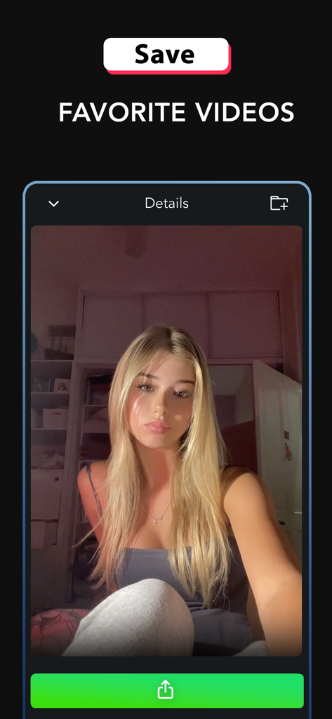 Snaptik - Save TikTok video - Interface of the Snaptik app showing a saved favorite TikTok video with a green save button