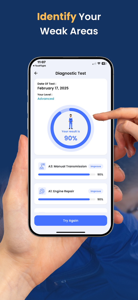 ASE A-Series Test Prep app diagnostic results screen showing a 90 percent score and progress breakdown for automotive certification topics.