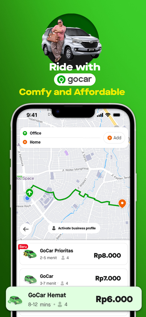 Gojek app screenshot showing GoCar booking interface with route map and ride price levels