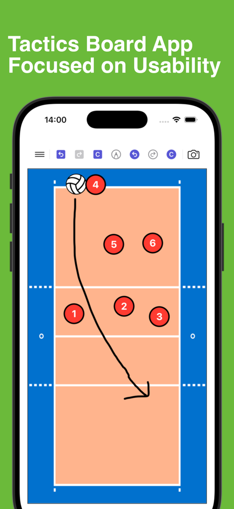 Digital volleyball tactics board showing player positions and a tactical drawing