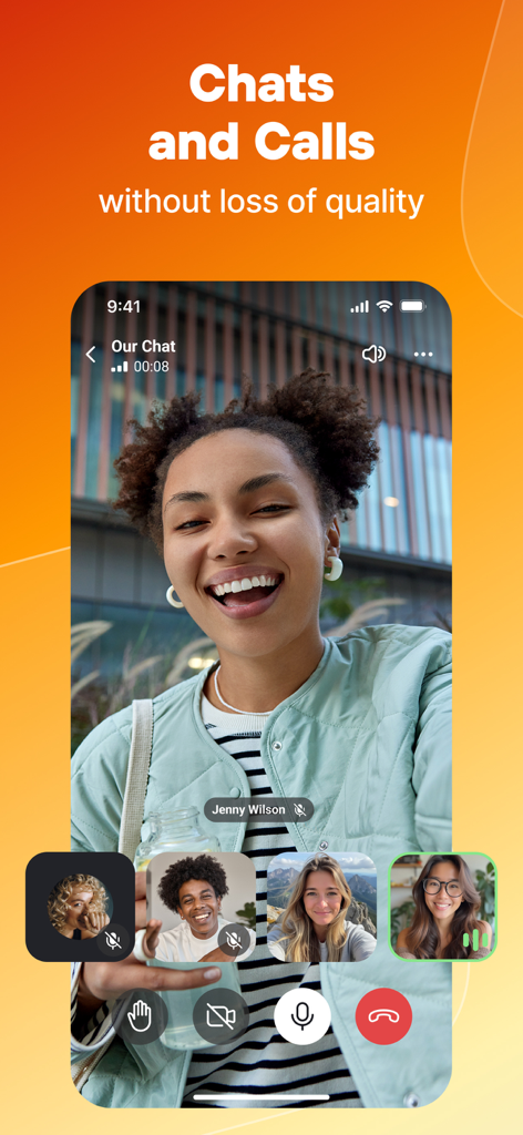 Online Messenger - Gem Space - Group video call interface of Gem Space messenger app with multiple participants