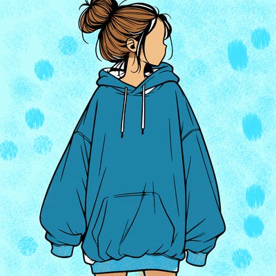 realistic girl with a oversized sweatshirt on and a bun