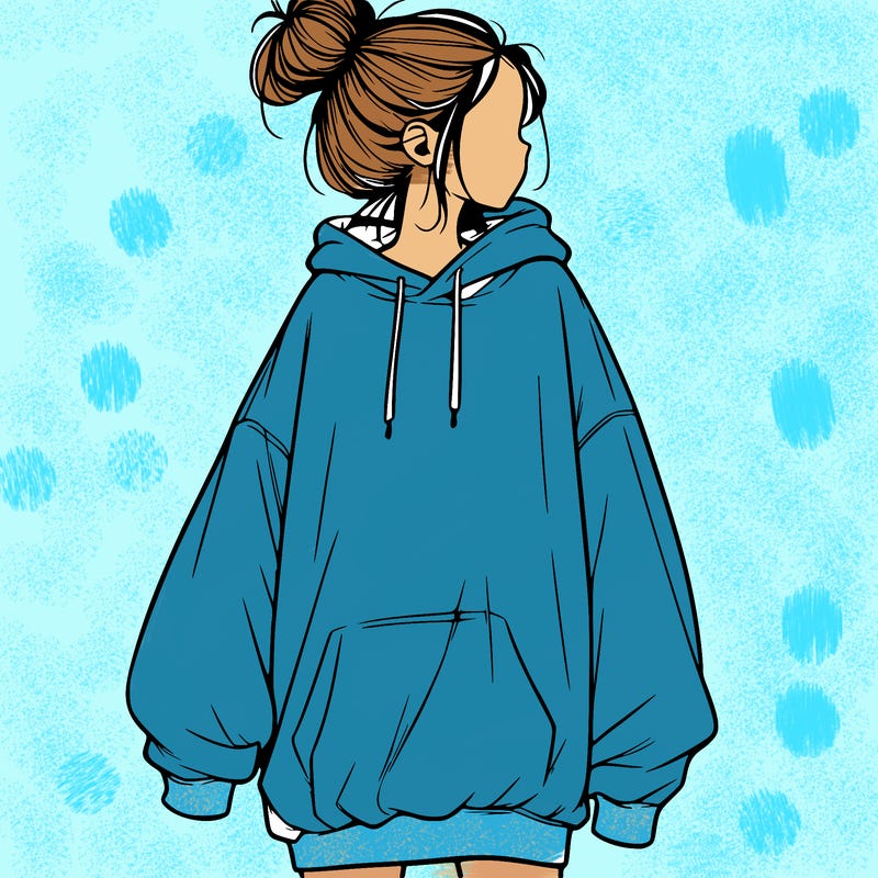 realistic girl with a oversized sweatshirt on and a bun