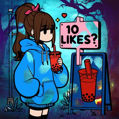 girl with oversized hoodie drinking boba and she has a high ponytail with a sign that says 10likes?