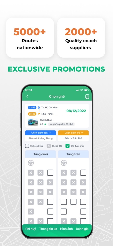 BusMap - Transit & Bus Ticket - BusMap app interface showing coach seat selection and nationwide route information for transit in Vietnam