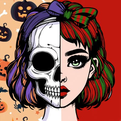 realistic girl with half skull mask