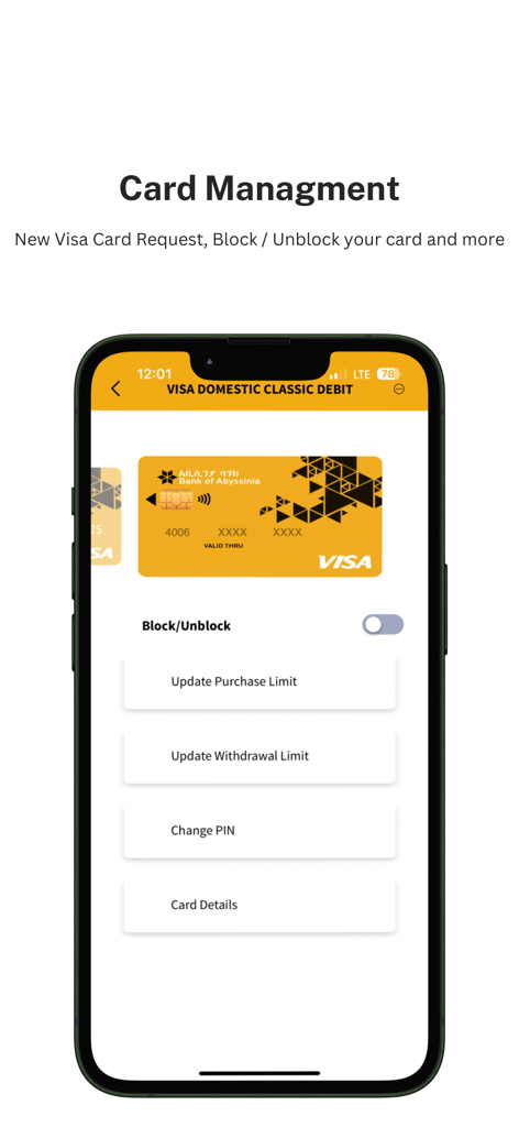 BoAMobile - Interfaz de la aplicación BoAMobile del Bank of Abyssinia para la gestión de tarjetas de débito Visa, incluyendo opciones de bloqueo y límites.