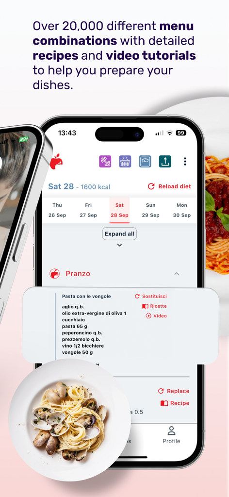 DietOne - DietOne app screen showing a daily meal plan with calorie tracking and a detailed recipe for pasta with clams