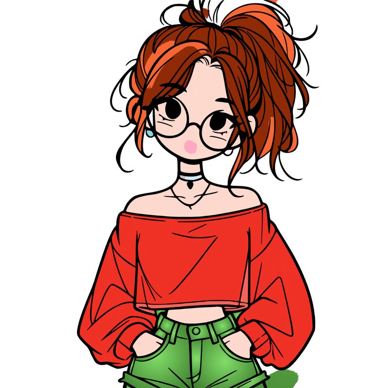 girl with a messy ponytail glasses a baggy crop top and jean shorts