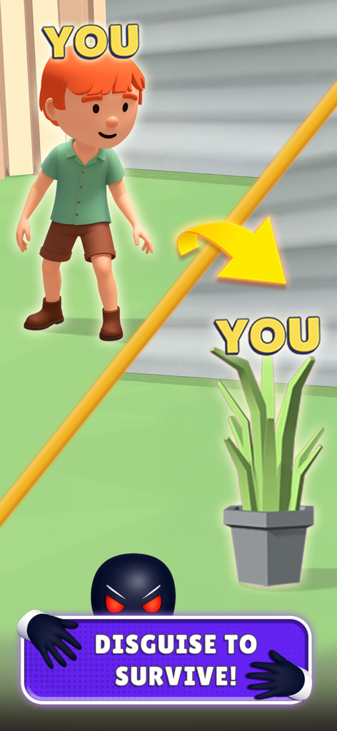 Hunt & Seek - A player character transforming into a potted plant to hide from a monster with the text Disguise to Survive.