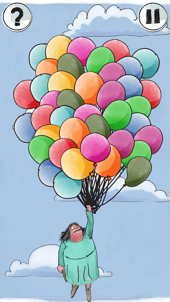 Roald Dahl's House of Twits - Mrs Twit being carried into the blue sky by a giant bunch of colorful balloons