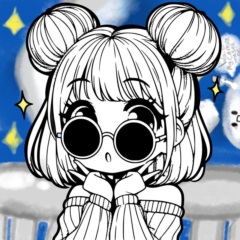 manga girl with hairbuns and sun shape sunglasses