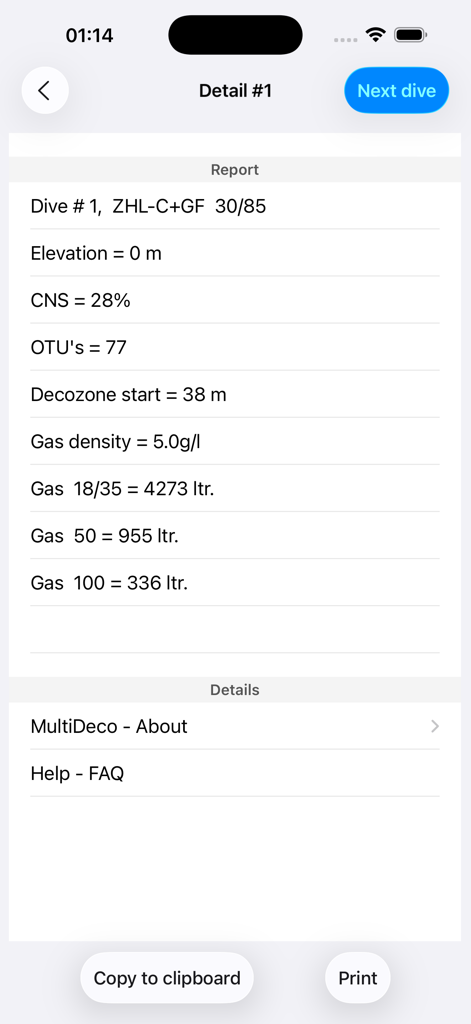 MultiDeco - Detailed technical dive report summary showing decompression data and gas mix consumption.