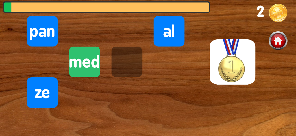 Writing with syllables - Interfaz de juego educativo para escribir la palabra medalla usando bloques de sílabas.