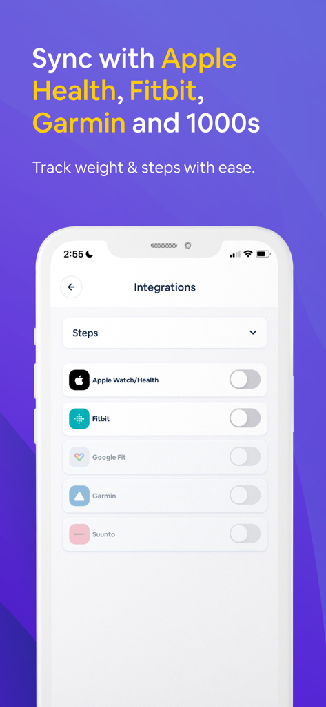 Turtle: All-in-One Health - The integrations screen of the Turtle health app showing options to sync with Apple Health, Fitbit, and Garmin trackers.
