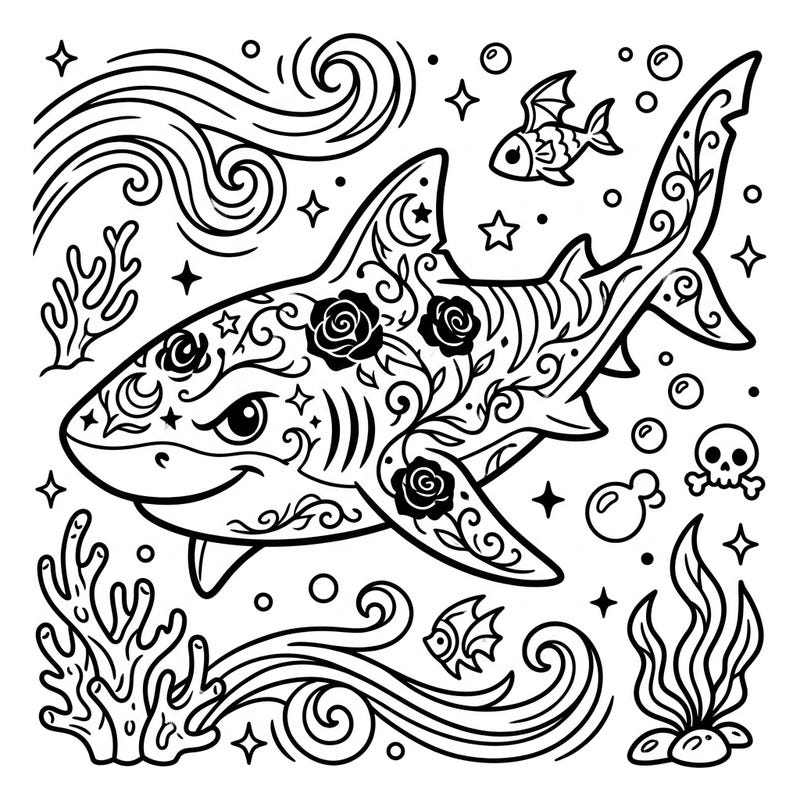 Unleash creativity with this captivating gothic tiger shark coloring page, designed especially for kids. Discover intricate patterns and playful ocean details, ready for your child's vibrant imagination.