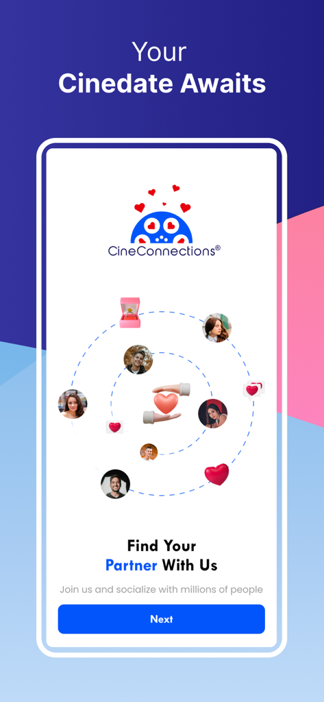 CineConnections - Intro screen for CineConnections movie dating app with user profiles orbiting a heart and the text Your Cinedate Awaits