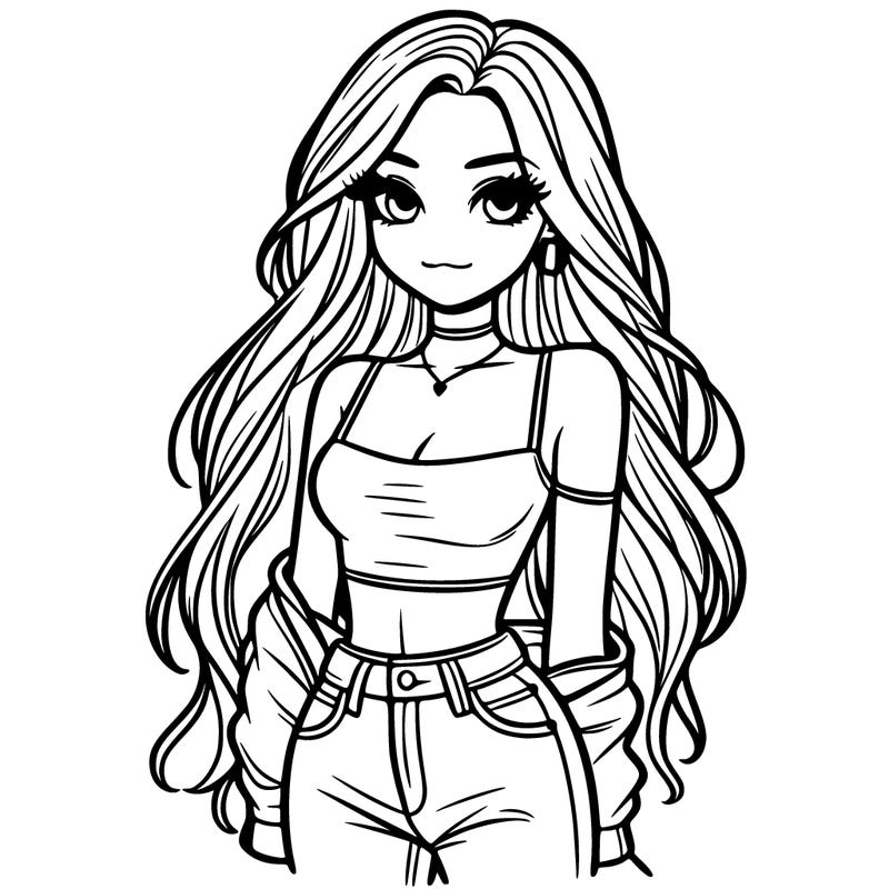 long haired girl with crop top and jeans