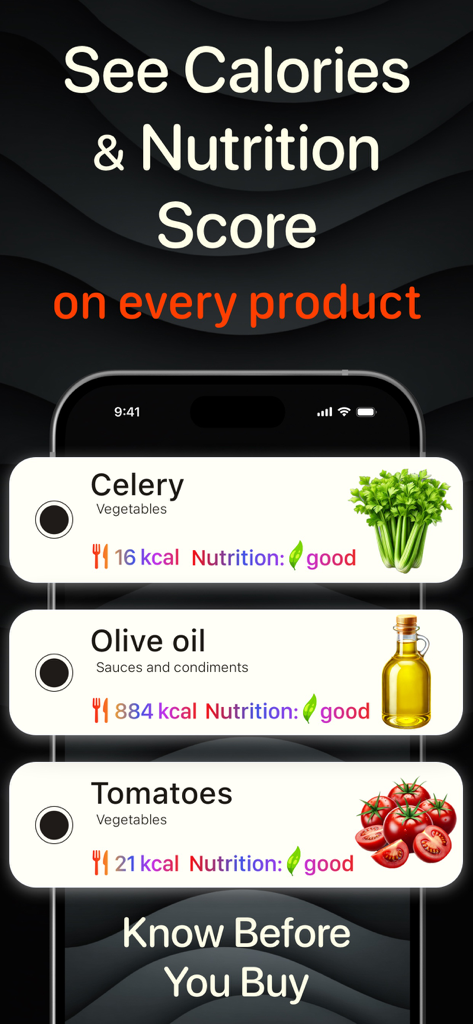 Schermata del telefono che mostra il conteggio delle calorie e le valutazioni di salute per la spesa