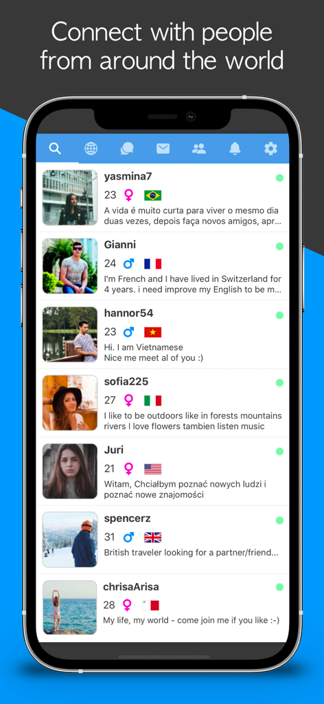 Unbordered Foreign Friend Chat - Screenshot of the Unbordered app showing a list of user profiles from different countries for international chat and language exchange.