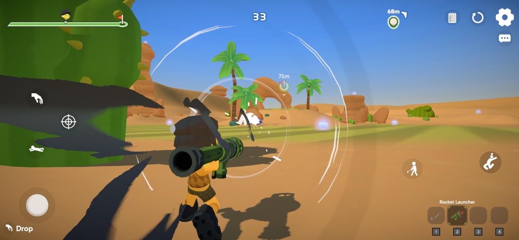 Super Battle Golf - Un personaje jugador apunta con un lanzacohetes en un campo de golf desértico en Super Battle Golf.