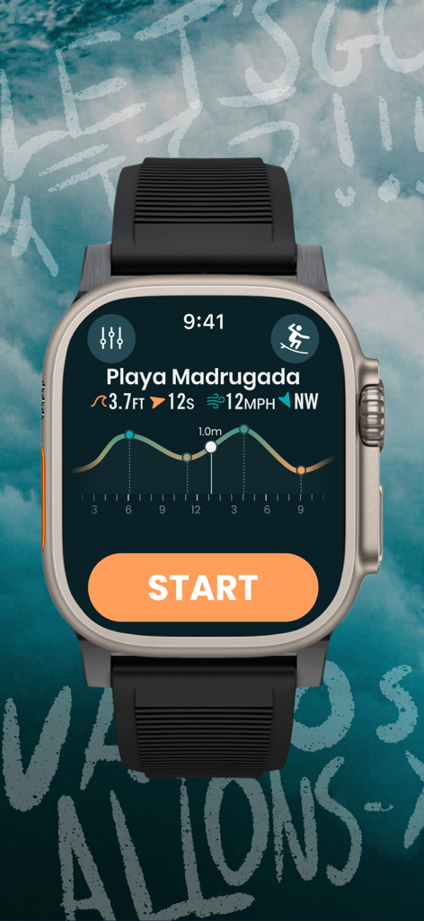Dawn Patrol surf tracking app interface on an Apple Watch Ultra displaying tide graph and wave forecast for Playa Madrugada with a start button