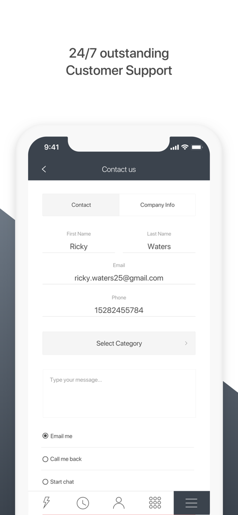 PhoneClub – Best Calling Rates - PhoneClub app customer support contact form showing options for email call back and chat