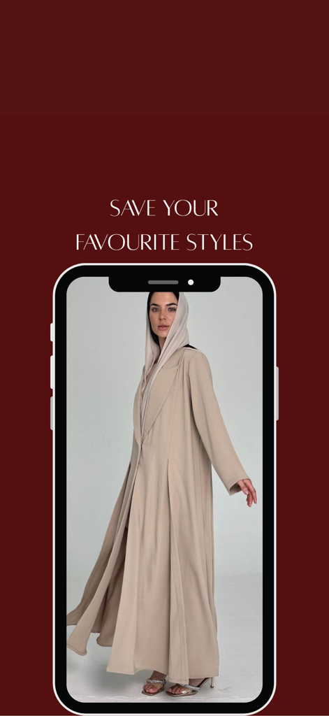 Classy YM - A woman wearing a long beige abaya on a mobile app screen with the text Save Your Favourite Styles