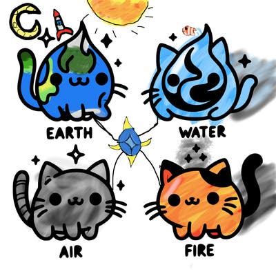 4 cats that represent the different elements, earth, water, air, and fire