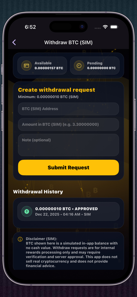 Bitcoin Mining - Alpha BTC - Auszahlungsanforderung-Bildschirm für simuliertes Bitcoin in der Alpha BTC Mining-App.
