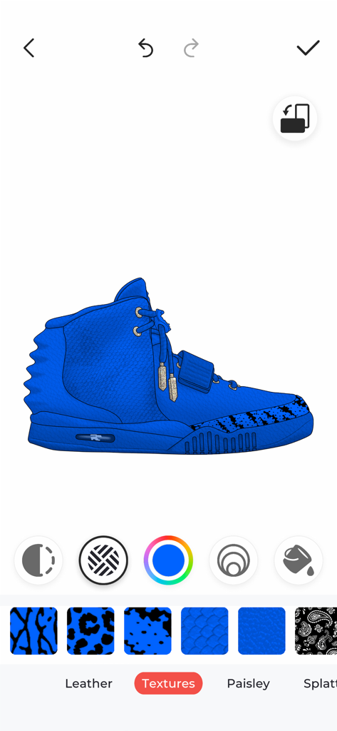 Custom Kicks - Custom Kicks app interface showing a blue high-top sneaker being designed with different texture and color options
