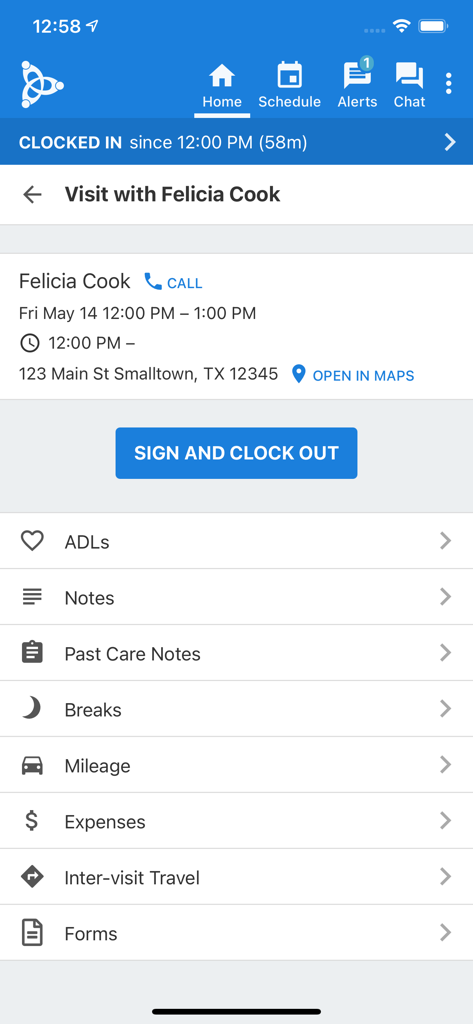 AxisCare Mobile - AxisCare Mobile 앱 인터페이스에 고객 방문 세부 정보 및 일상 활동(ADL) 및 비용 기록 옵션 표시