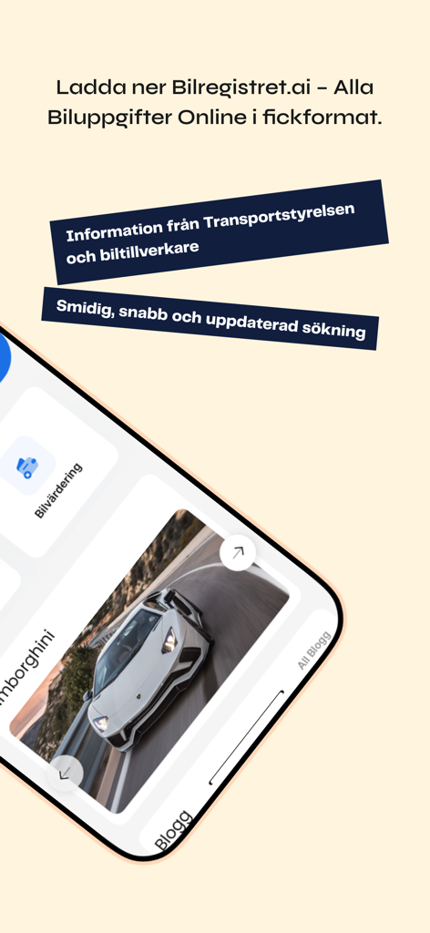 Interface of the Bilregistret.ai mobile app showing vehicle valuation and registration data features
