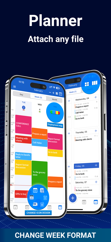 HUB: Calendar, Budget, Notes - HUB app mobile interface showing a colorful weekly calendar planner and task list with custom icons