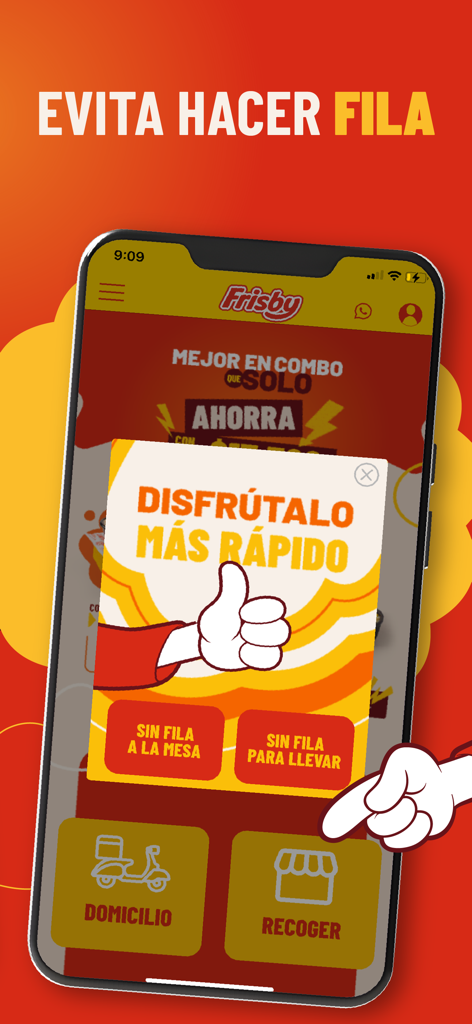 Frisby - Schermata dell'app mobile Frisby che mostra le opzioni per evitare le file con i servizi di consegna e ritiro