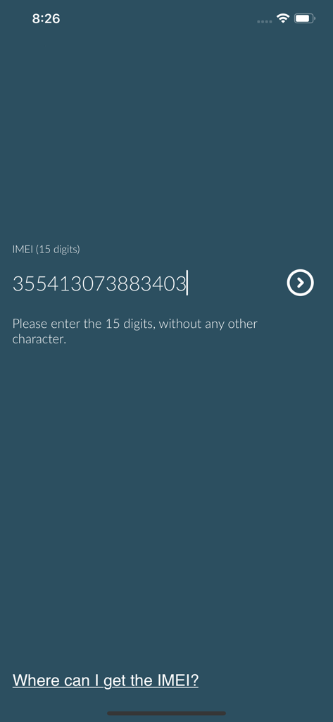 Tela para inserir um número IMEI de 15 dígitos para verificar o status da lista negra do telefone