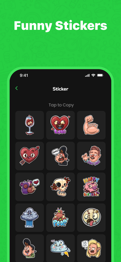 Dual Chat : Web Messenger Plus - Interfaz de la aplicación Dual Chat que muestra una cuadrícula de varias pegatinas de dibujos animados expresivos para mensajería.
