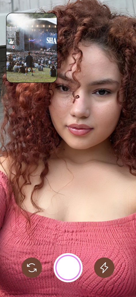 RAW - Date 100% real people - A young woman taking a real-time dual camera photo at a music festival on the RAW dating app interface