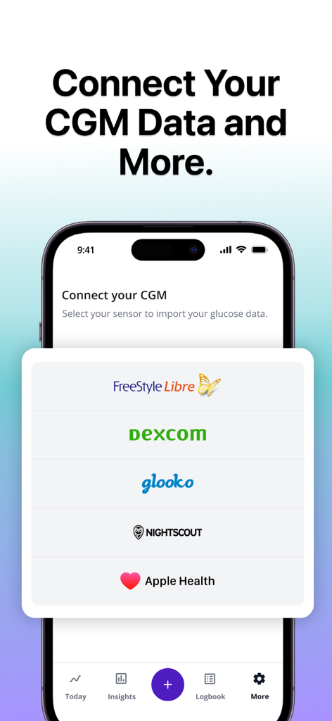 SNAQ app screen showing CGM and health data integration options including Dexcom and FreeStyle Libre