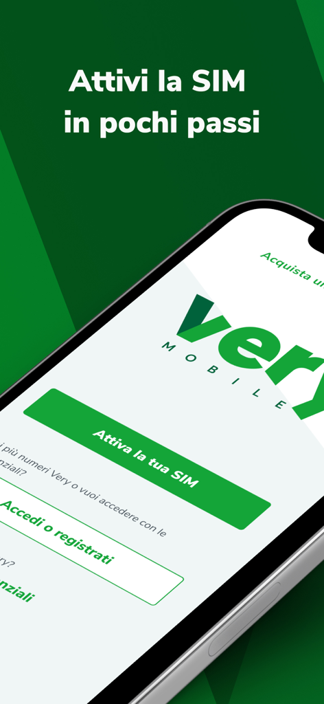Very Mobile - Schermata dello smartphone che mostra l'interfaccia dell'app Very Mobile per la rapida attivazione della SIM con un pulsante verde